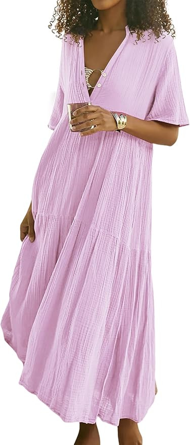 R.Vivimos Womens Summer Cotton Flowy Maxi Dress Short Sleeve V Neck Empire Waist Boho Tiered Ruff... | Amazon (US)