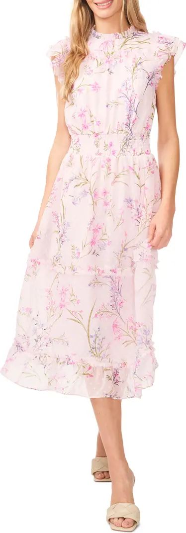 CeCe Floral Clip Dot Smocked Ruffle Midi Dress | Nordstrom | Nordstrom