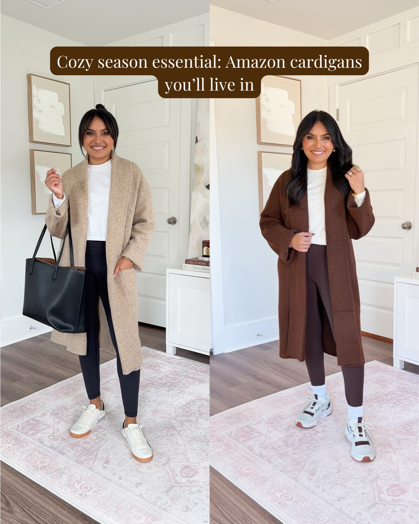 Tan cardigan in color khaki size small TTS
White tee - old, similar linked
Black leggings size small in 25” inseam TTS

Brown coatigan size small TTS
Tee size xs TTS
Hot fudge brown leggings size small 25” length TTS
Brown and white in ice/mulberry color sneakers size 6.5 TTS



#LTKStyleTip #LTKPetite #LTKGiftGuide