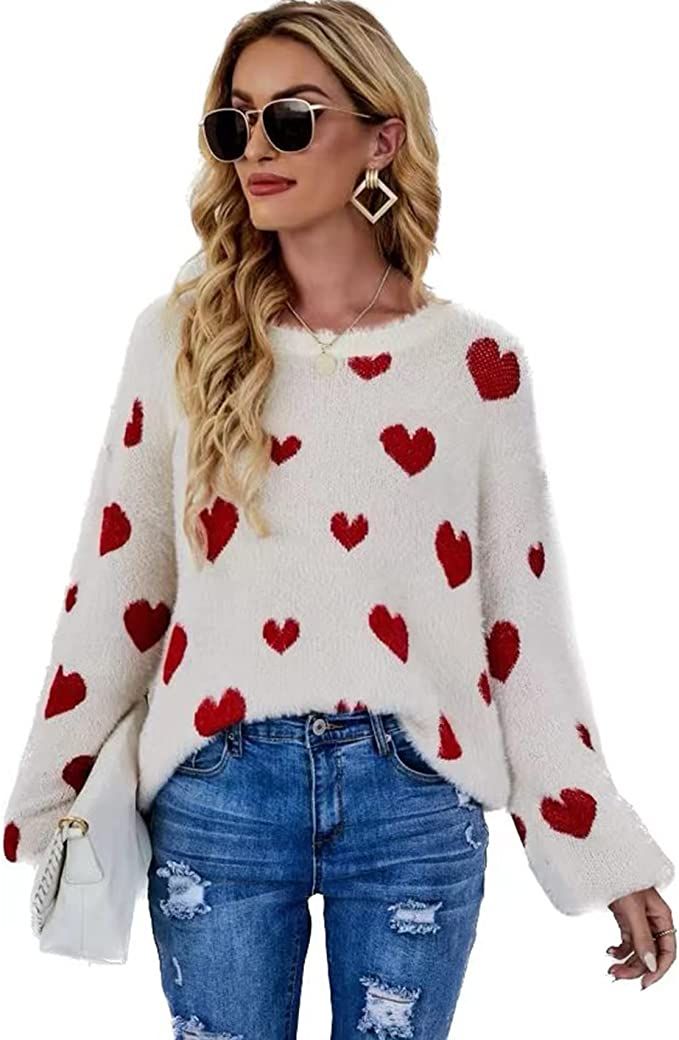 Women's Valentines Day Sweater Love Heart Printed Drop Shoulder Loose Long Sleeve Knit Pullover C... | Amazon (US)