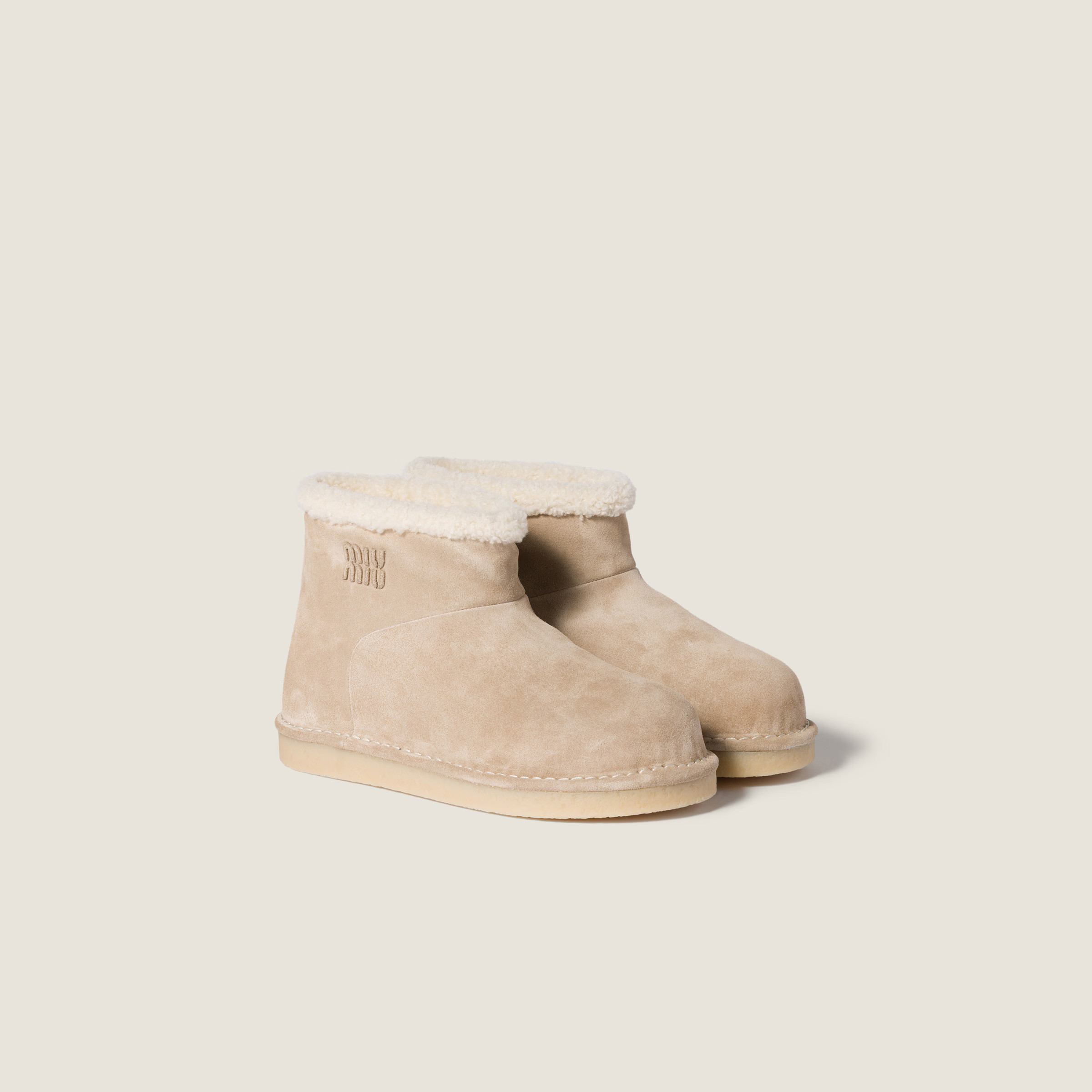 Desert Beige Suede And Shearling Booties | Miu Miu | Miu Miu US
