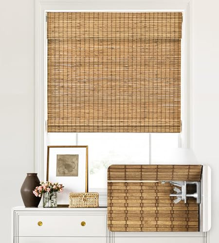 LazBlinds No Tools No Drill Cordless Bamboo Roman Shades, Light Filtering Window Treatment, Roll Up Bamboo Blinds for Windows 27'' W x 48'' H, Eastfield Teak | Amazon (US)