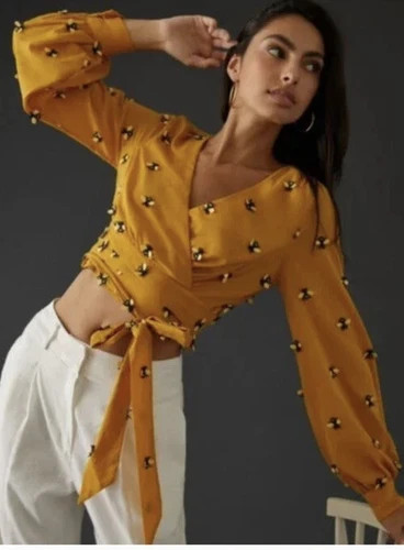 New $130 Maeve x Anthropologie Long Sleeve 3D Bee 0P / XS Yellow Black Wrap Crop | eBay US