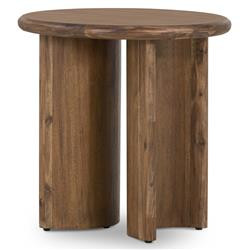 Paris Rustic Lodge Brown Acacia Wood Crescent Base Round Side End Table | Kathy Kuo Home