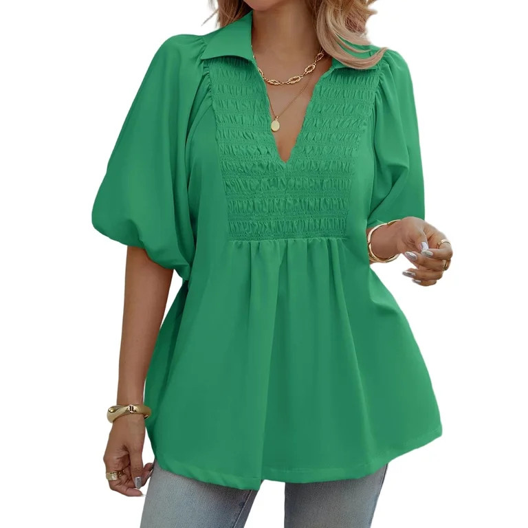Short Sleeve V Neck Solid Women Casual Collared Smocked Blouse Tops | Walmart (US)