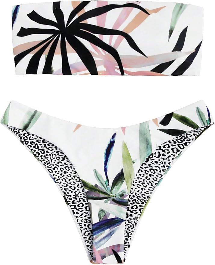 GORGLITTER Women's Strapless Bandeau Swimsuits Tropical High Cut Thong Cheeky Bikini Set Bathing ... | Amazon (US)