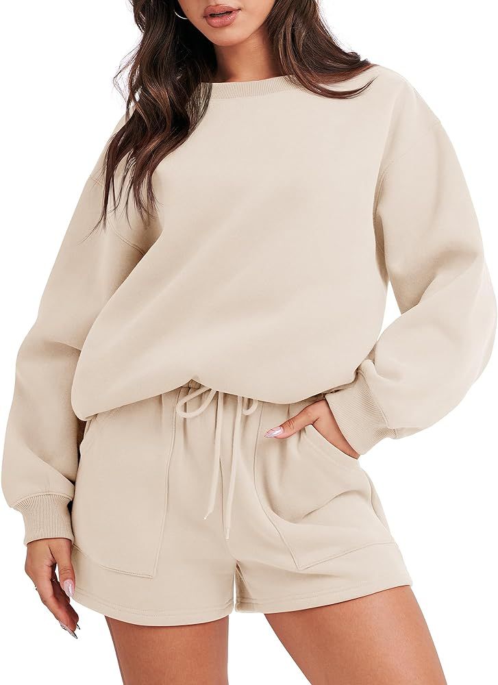 ANRABESS Women 2 Piece Outfits Sweatsuit Oversized Sweatshirt & Lounge Shorts 2023 Casual Cozy Pajamas Tracksuit Set | Amazon (US)