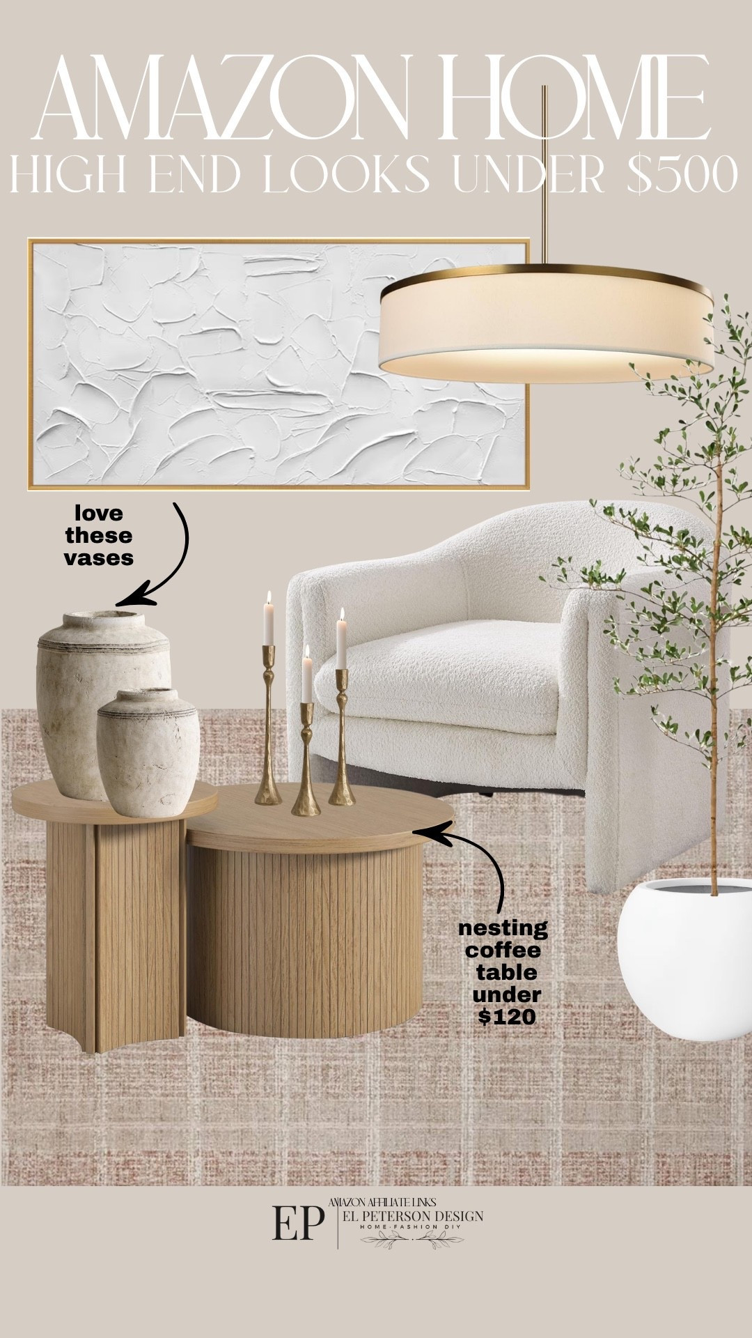 Amazing
Accent chair
Pendant light
Nesting coffee table
Planter
Olive tree
Vases
Artwork
Candle holder 

#LTKHome