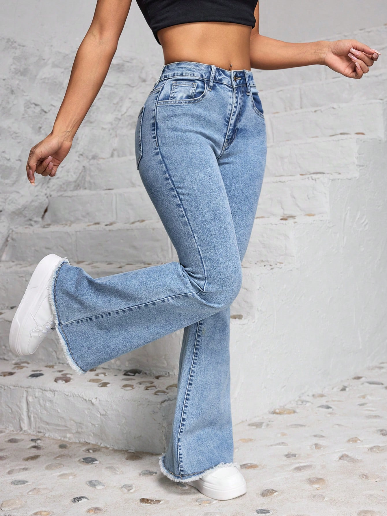 SHEIN PETITE Women's Patchwork Raw Hem Flare Jeans With Pockets, Casual | SHEIN USA | SHEIN