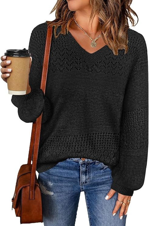 MixShe Womens Knit Sweaters 2025 Fall V Neck Long Sleeve Pullover Casual Loose Tops | Amazon (US)