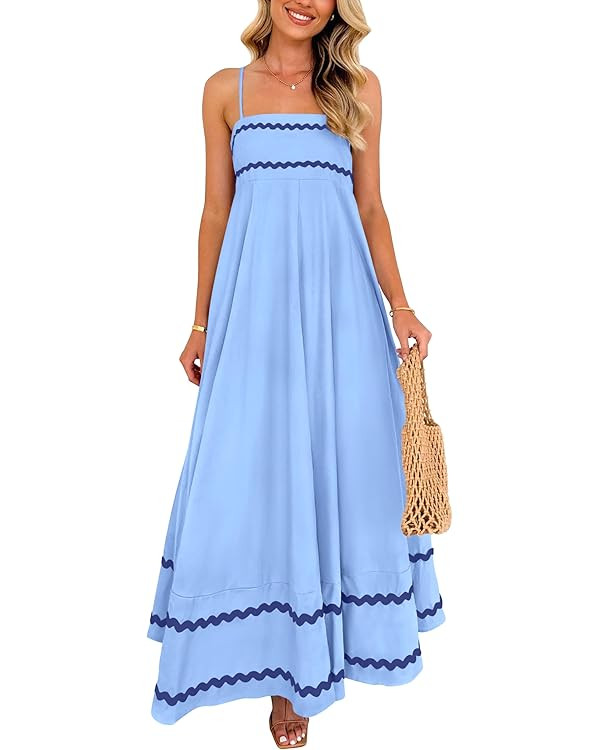 PRETTYGARDEN Women's 2025 Summer Flowy Maxi Dress Casual Sleeveless Spaghetti Strap Ruffle Beach ... | Amazon (US)