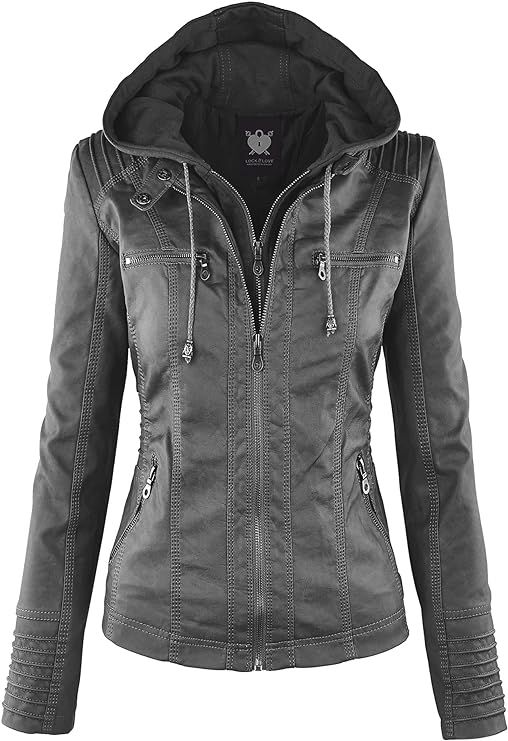 Lock and Love Women's Removable Hooded Faux Leather Jacket Moto Biker Coat | Amazon (US)