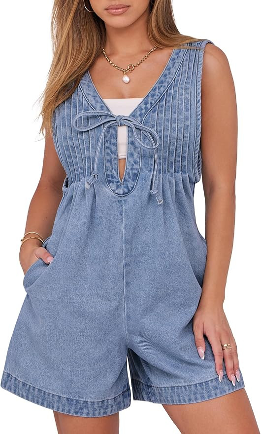 Caracilia Women Denim Romper 2025 Summer Casual V Neck Tie Front Sleeveless Jean Jumpsuits Short ... | Amazon (US)