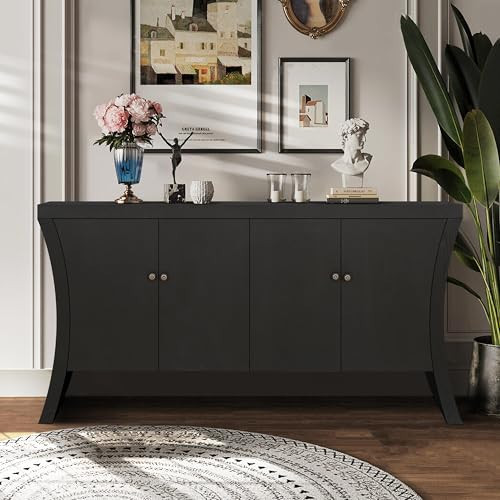 ABH 60 Inches Industrial 4 Door Credenza, Black Art Buffet Sideboard with Solid Wood Arc Legs Bronze Clasps, Large Storage Cabinet for Dining Room | Amazon (US)