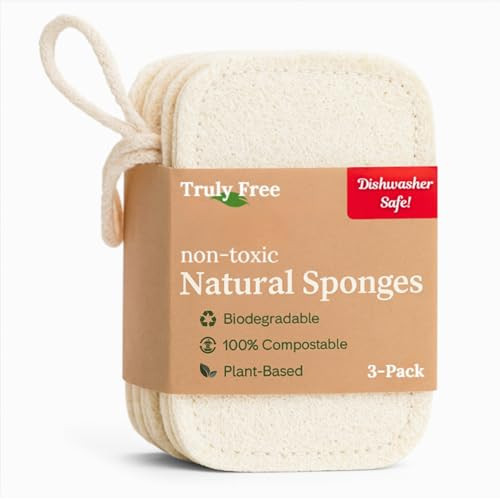 Truly Free Natural Cleaning Sponges, 100% Organic Luffa Dish Scrubber, Plant-Based Compostable Kitchen Dishwasher Sponge, Cleans Sink, Grout & Tile, Non Scratch Scouring Pad - 4.4 x 2.8 in, Pack of 3 | Amazon (US)