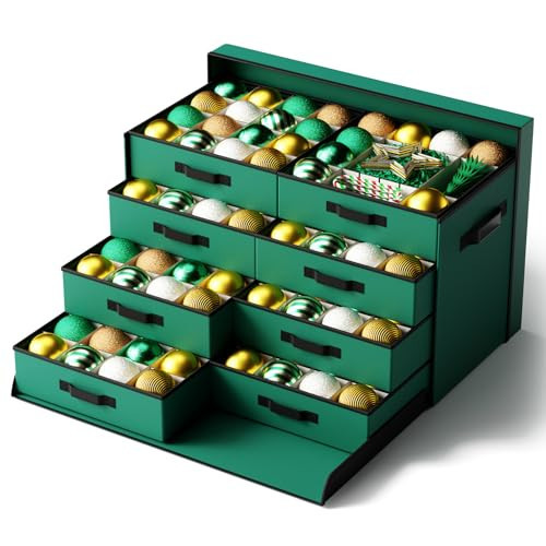 Christmas Ornament Storage Box Store 128 Ornaments, Extra Large Xmas Ornament Organizer Storage box with Lid & Adjustable Dividers, Holiday Decorations Storage Container with 8 Stackable Trays, Green | Amazon (US)