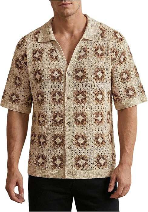 SHENHE Men's Crochet Knit Button Down Shirt Short Sleeve Sheer Collared Beach Shirt Top | Amazon (US)