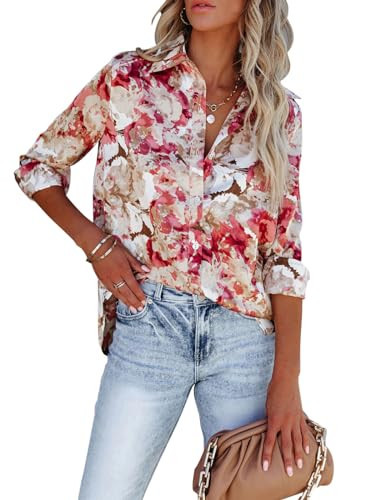 Blouses for Women Aesthetic Button Down Shirts Long Sleeve Dressy Casual Floral Tops Fall Outfits for Women 2025 Trendy - Pink Graphic XL | Amazon (US)