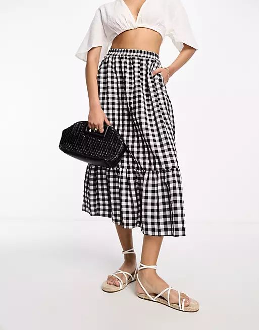 ASOS DESIGN tiered midi skirt with pockets in gingham | ASOS (Global)