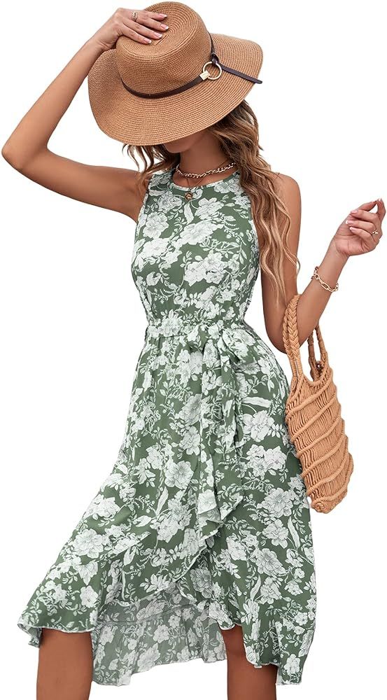 SheIn Women's Sleeveless Halter Floral Dress Wrap Ruffle Hem Belted Flowy Dresses Green M | Amazon (US)