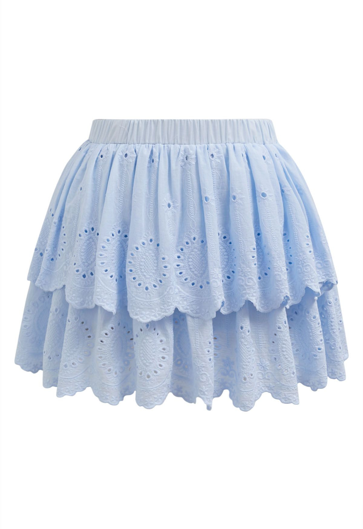 Embroidered Eyelet Cotton Layered Mini Skirt in Light Blue | Chicwish