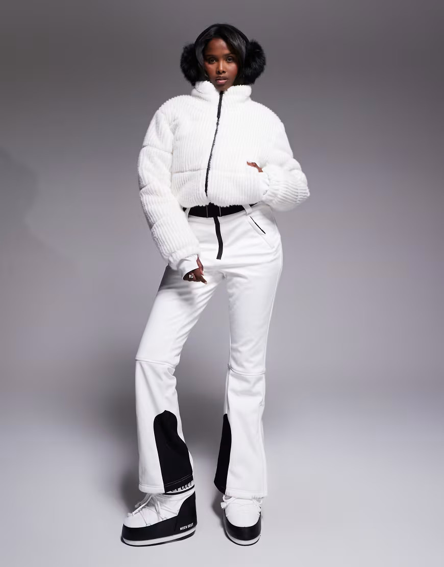 ASOS 4505 Ski soft shell and faux fur belted slim kick ski suit in white | ASOS (Global)