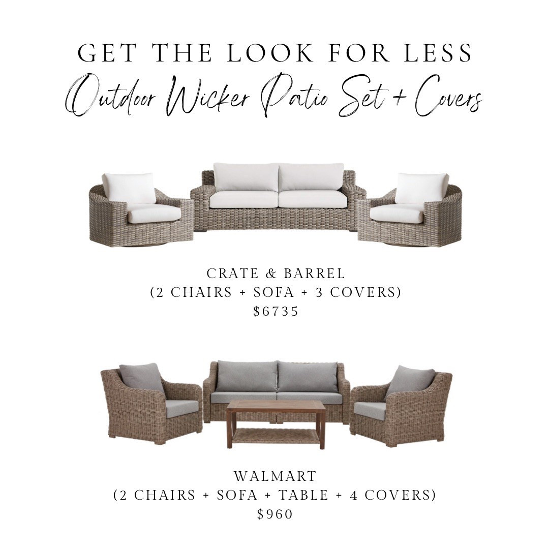 Outdoor wicker patio set look for less, Walmart, Better Homes & Gardens Bellamy four piece patio conversation set, Crate & Barrel abaco resin wicker outdoor sofa, abaco top wicker outdoor swivel lounge chair

#LTKHome #LTKSeasonal