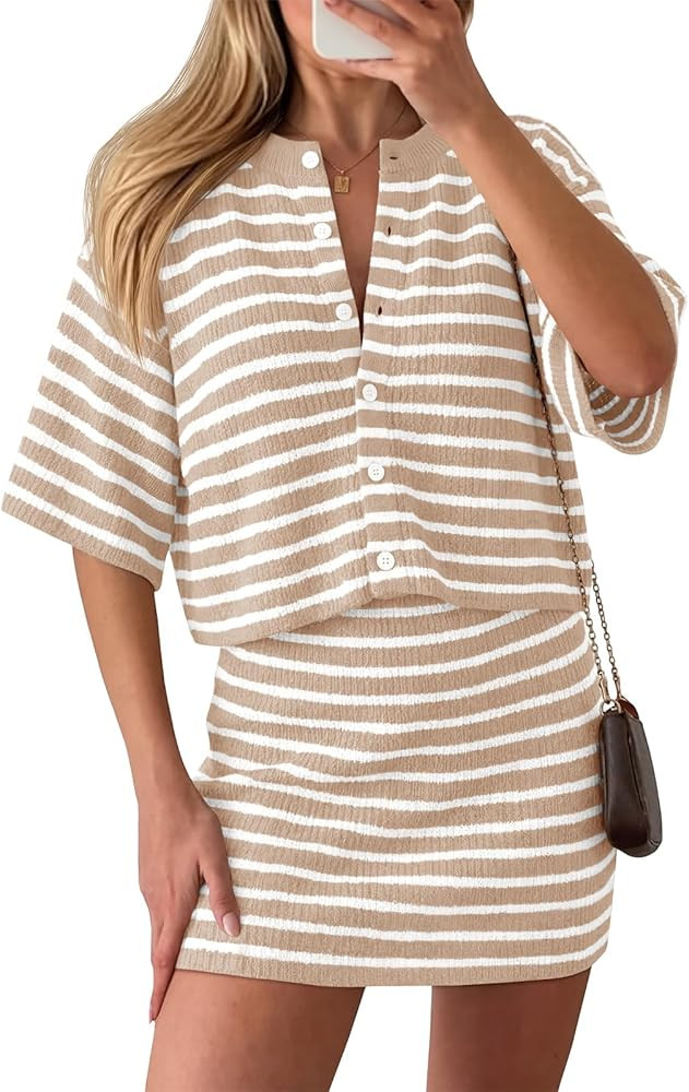Saodimallsu Womens Two Piece Skirt Set Summer Striped Knit Short Sleeve Button Cardigans And Mini... | Amazon (US)