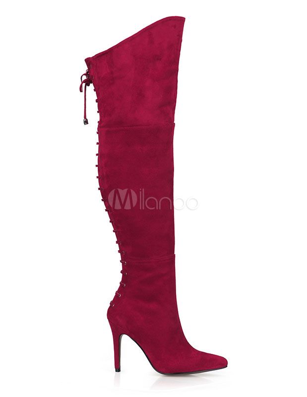 Red Suede Boots Women's Over Knee Pointed Zipper Lace Up High Boots For Winter | Milanoo