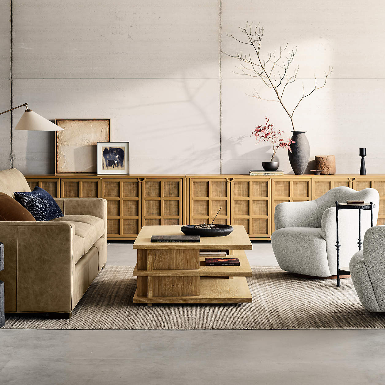 Campagna 76" Rattan and Natural Oak Wood Storage Media Console + Reviews | Crate & Barrel | Crate & Barrel