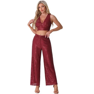 Allegra K Women's Two Pieces Outfit Cocktail Prom Tank Crop Top and Wide Legs Pants Sequin Sets B... | Target