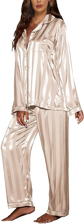 Women's Silk Satin Pajamas Button Down Long Sleeve Top with Pants Sleepwear PJ Set       Send to ... | Amazon (US)