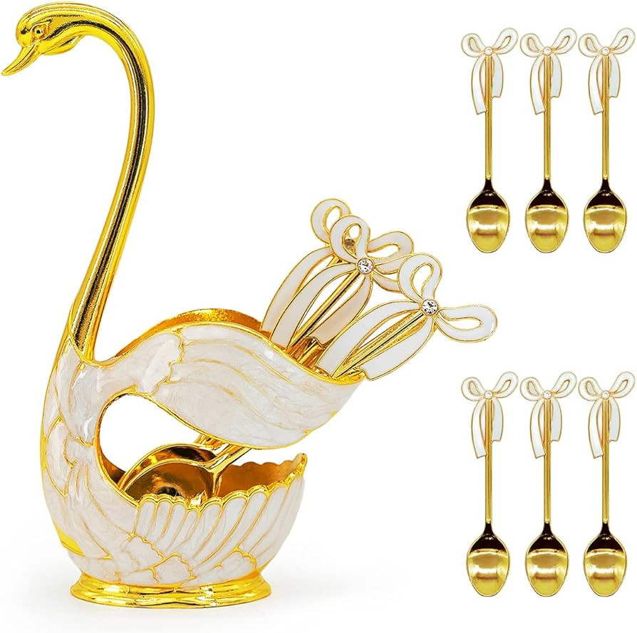 Flylin Coffee Dessert Spoon Set, Swan Base Holder with 6pcs Ice Cream Spoons Teaspoons Coffee Des... | Amazon (US)