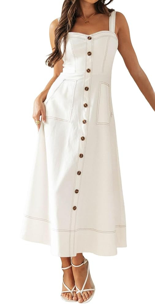 Women's Summer Adjustable Strap Sleeveless Midi Denim Dress Button Down A-Line Swing Flowy Jean D... | Amazon (US)