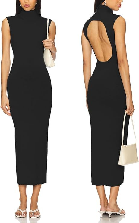 Capuffy Womens Sleeveless High Neck Backless Fitted Midi Dress Elegant Mockneck Bodycon Cut Out B... | Amazon (US)