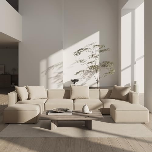 Acanva Luxury Modular Sectional Living Room Sofa Set, Modern Minimalist Style Couch with Ottoman and Chaise, U-Shape, Linen-Like Cream | Amazon (US)