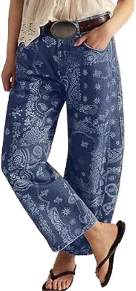 Women Boho Paisley Print Jeans High Waisted Wide Leg Denim Pants Vintage Floral Pattern Straight ... | Amazon (CA)