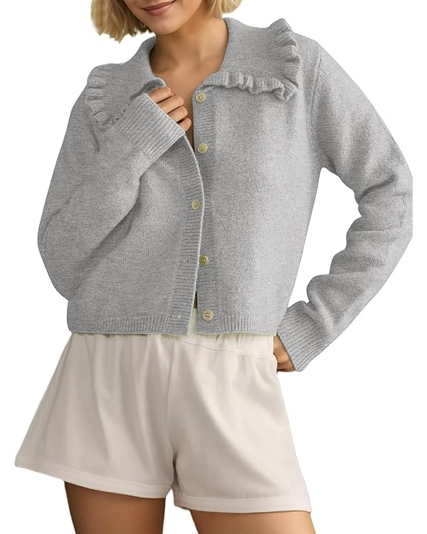 MISSACTIVER Women Ruffle Collar Cropped Cardigan Casual Lapel Button Down Sweaters Long Sleeve Op... | Amazon (US)