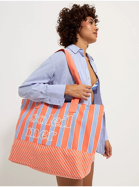 Peach Striped Soleil Mer Slogan Tote Bag | George