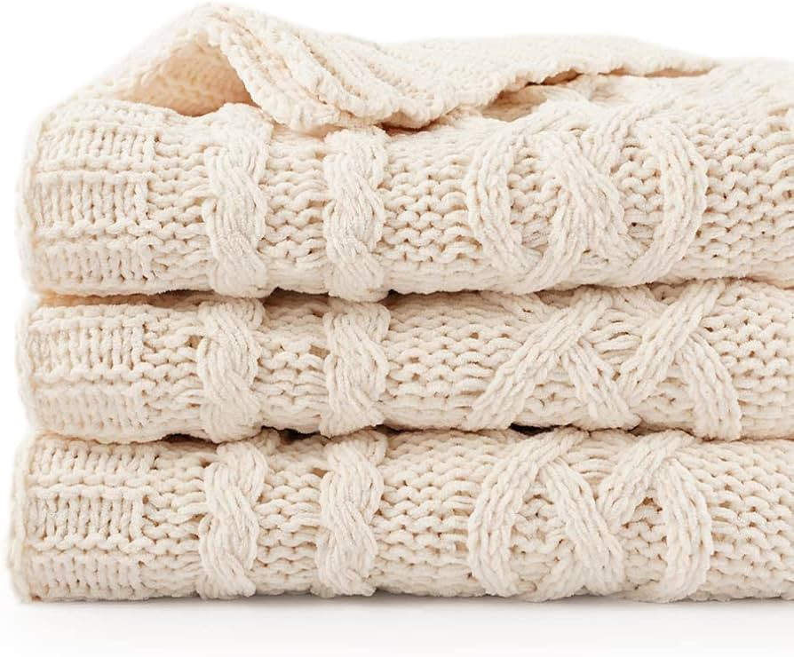 Battilo Cream White Ivory Throw Blanket for Couch, 51x 67 Inch, Woven Chenille Knit Throw Blanket... | Amazon (US)
