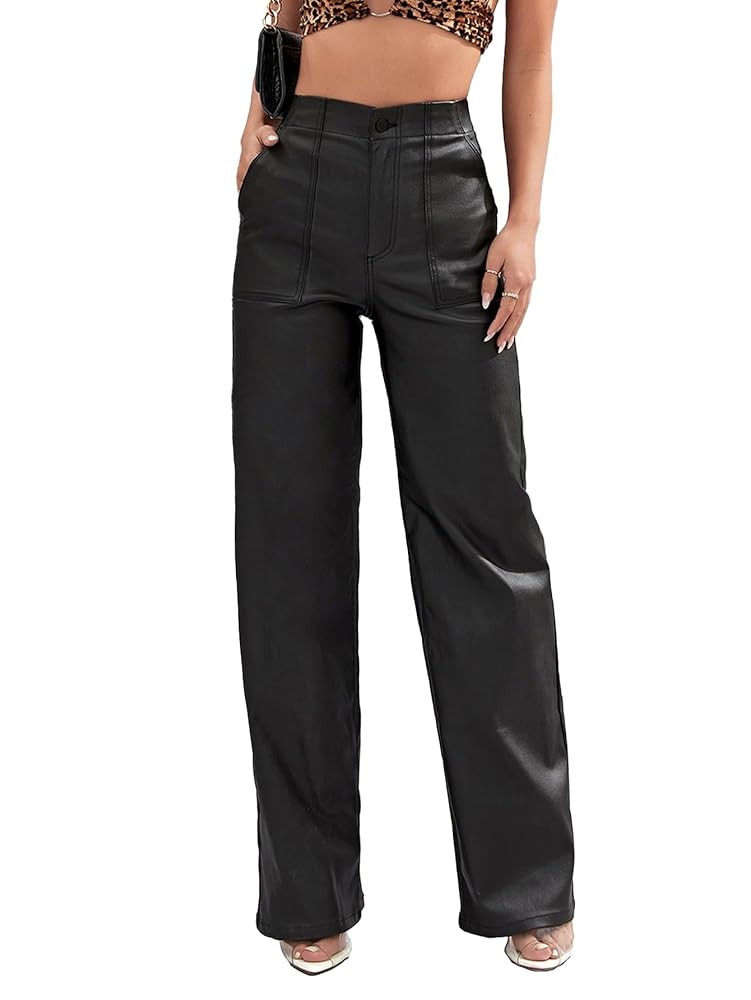 Faux Leather Pants High Waist Coated PU Button Straight Leather Black Leggings Wide Leg Pants wit... | Amazon (US)