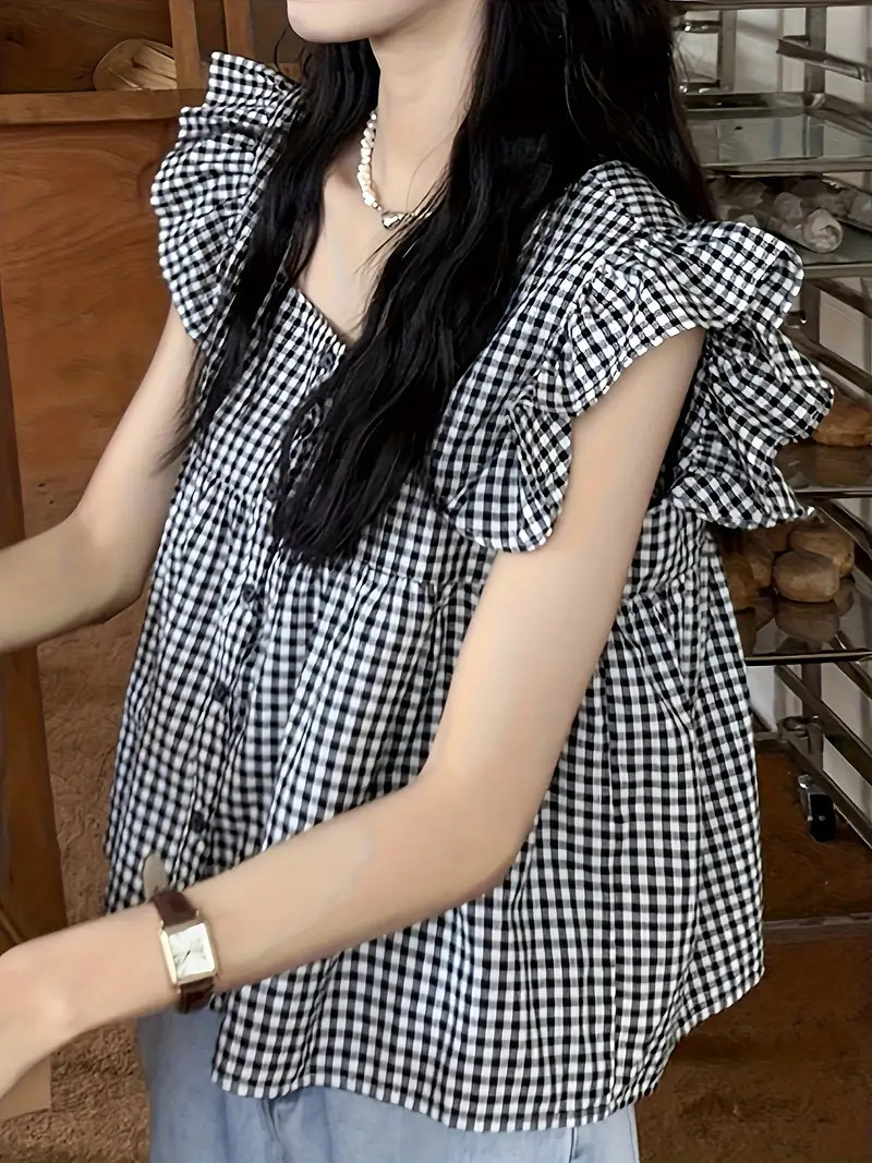 Plaid Print Ruffle Trim Blouse, Casual Button Front Blouse For Spring & Summer, Women's Clothing | Temu Affiliate Program