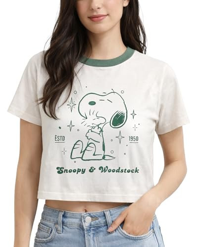Peanuts Womens Crop Top - Snoopy Short Sleeve Crewneck Casual Cropped Graphic Baby Tee Shirts for Women (Sizes: S-XL), Size X-Large, Cream/Green | Amazon (US)