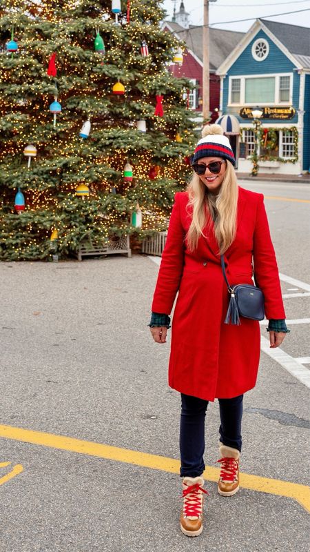 When visiting for holiday celebrations always in red ❤️🎄✨… my favorite red wool coat of the season with a cute pom pom hat, Sherpa-lined leather winter boots, navy corduroy pants ( in tall) and a cute navy crossbody bag. Holiday outfit 

#LTKsalealert #LTKover40 #LTKHoliday