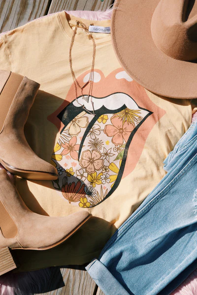 Rolling Stones Flower Tongue Boyfriend Tee, Sunny | DayDreamer | North & Main Clothing Company