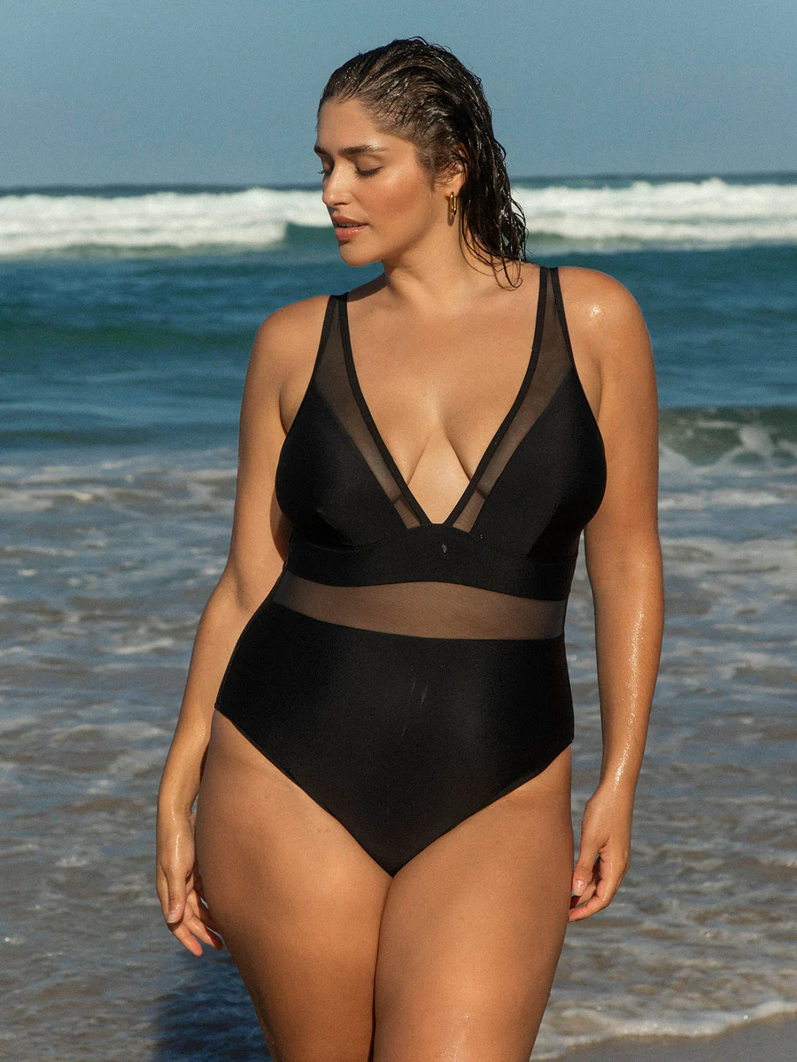 Black Sheer V-Neck Plus Size One-Piece Swimsuit & Reviews - Black - Sustainable Plus Size One-Pie... | BERLOOK