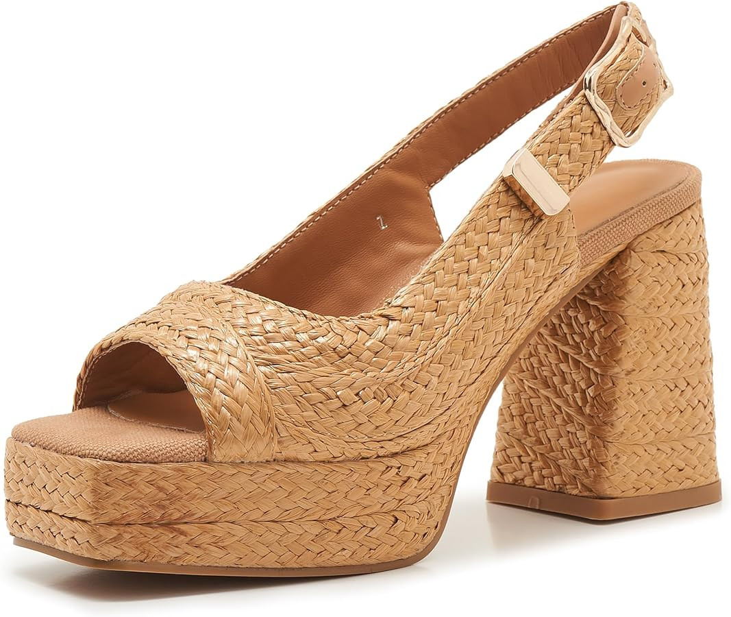 Women’s Raffia Platform Sandals, Open Toe Chunky Block Heel Slingback Heels with Adjustable Buckle Strap, Retro Woven Dressy Shoes for Summer Vacation | Amazon (US)