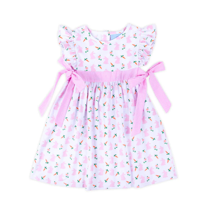 Bunnies And Carrots Pink Print Side Bow Dress | Classic Whimsy