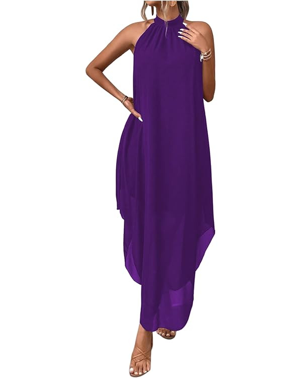 Verdusa Women's Wedding Guest Dress Halter Flowy Chiffon Asymmetrical Long Summer Prom Dress Purp... | Amazon (US)