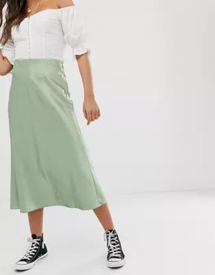 New Look satin bias cut midi skirt in light green | ASOS UK